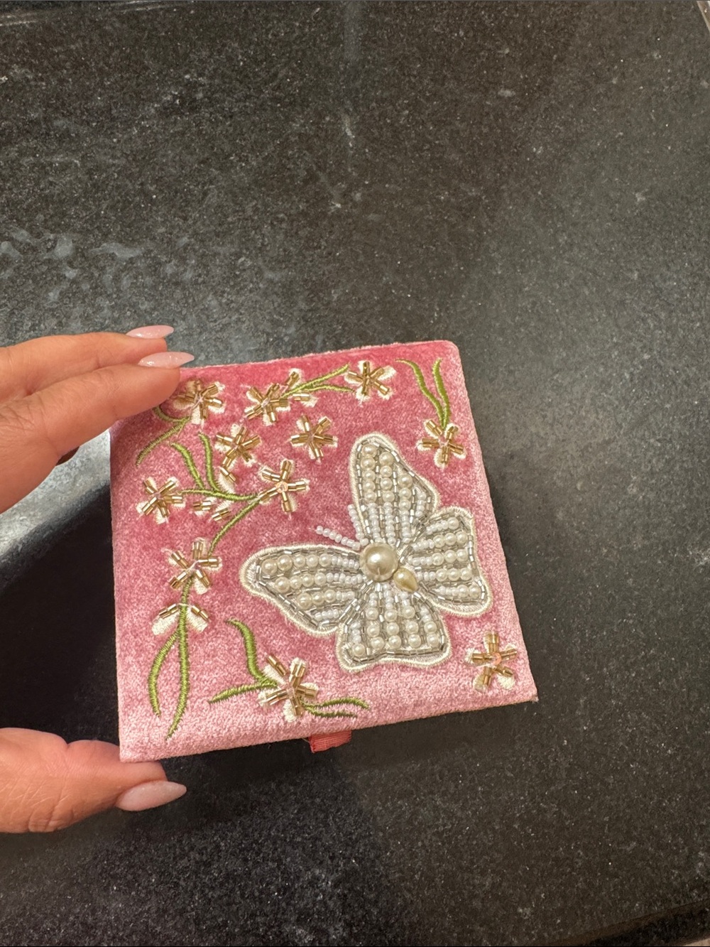 Pink Velvet Embroidered Butterfly Jewelry Box